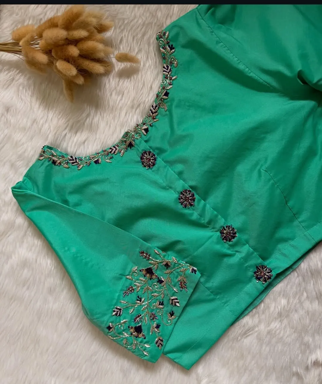 Hand Embroidered Mint Green Silk Blouse with Contrast Floral Motif Border for Sarees
