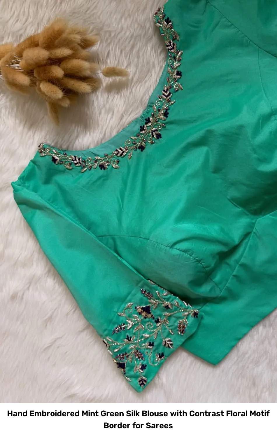 Hand Embroidered Mint Green Silk Blouse with Contrast Floral Motif Border for Sarees 2