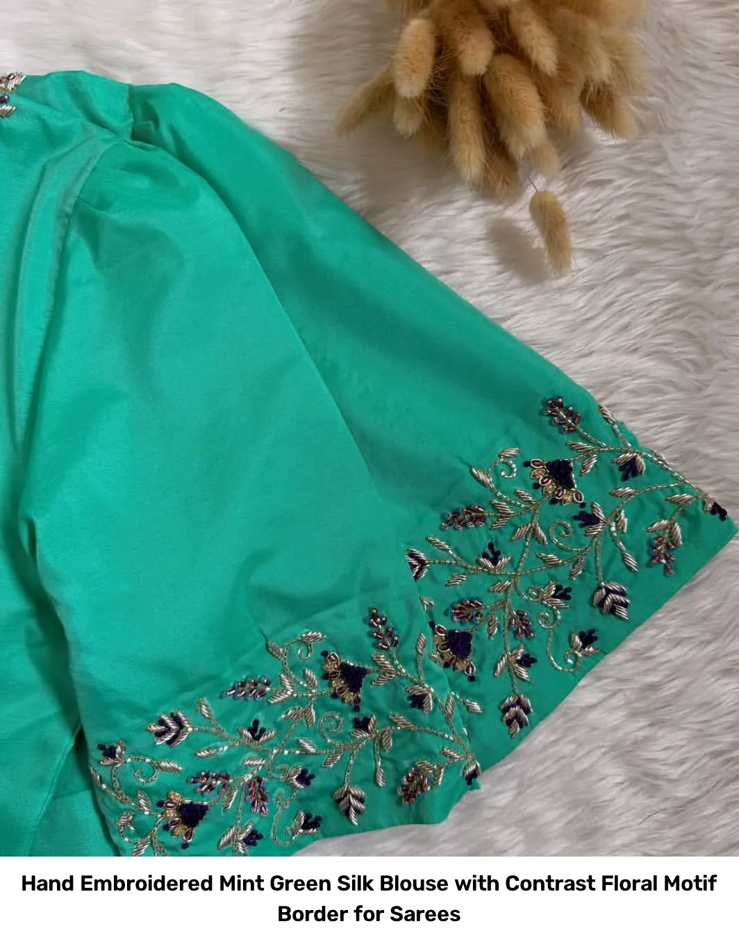 Hand Embroidered Mint Green Silk Blouse with Contrast Floral Motif Border for Sarees 3