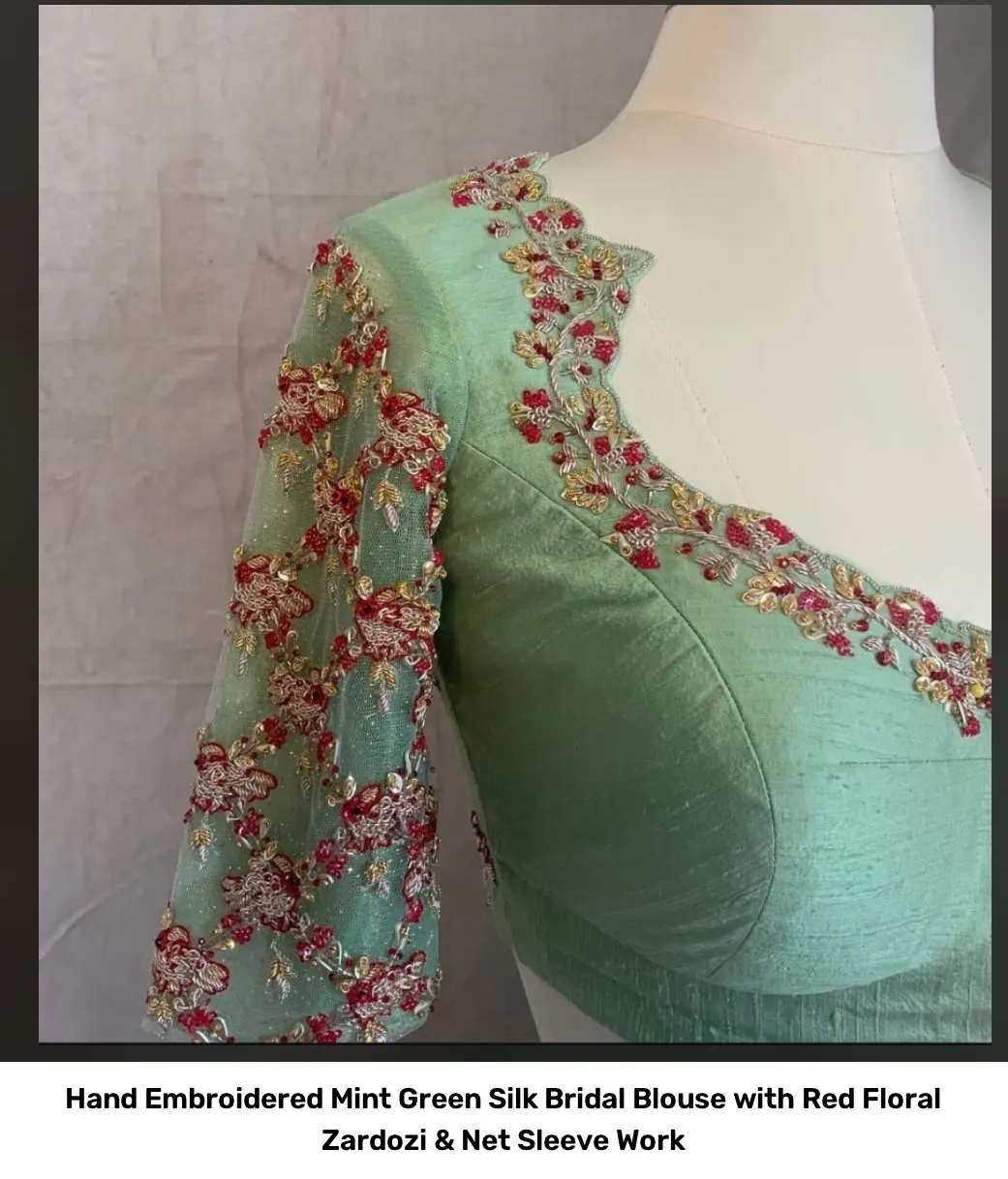 Hand Embroidered Mint Green Silk Bridal Blouse with Red Floral Zardozi & Net Sleeve Work 2