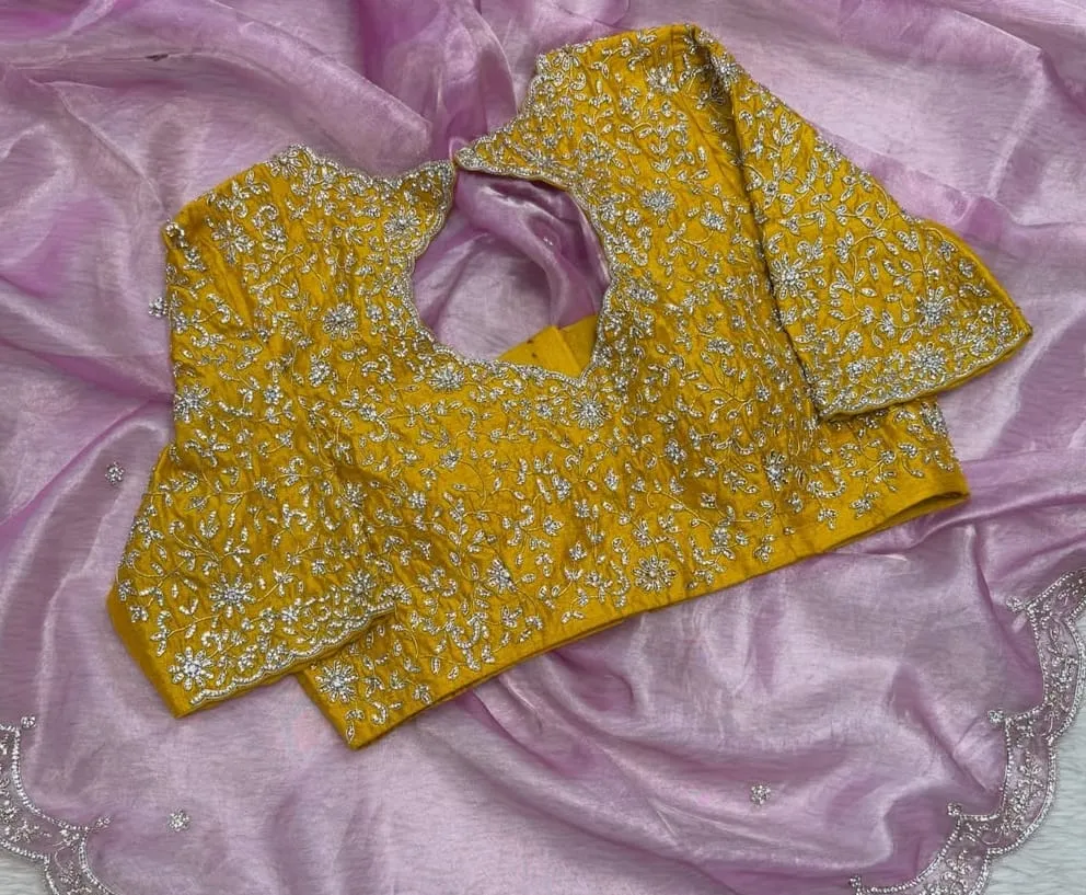 Hand Embroidered Mustard Yellow Raw Silk Blouse | Heavy Silver Zardozi & Cutdana Floral Bridal Saree Blouse