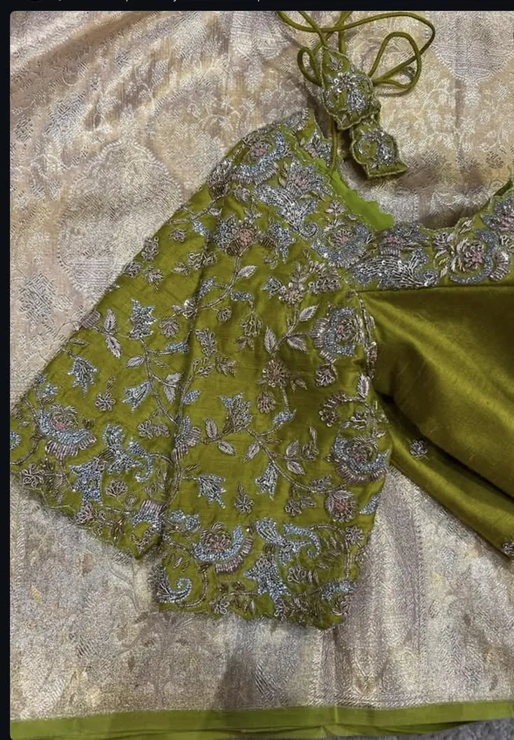 Hand Embroidered Olive Green Raw Silk Blouse | Heavy Zardozi & Silver Thread Maggam Work Bridal Saree Blouse