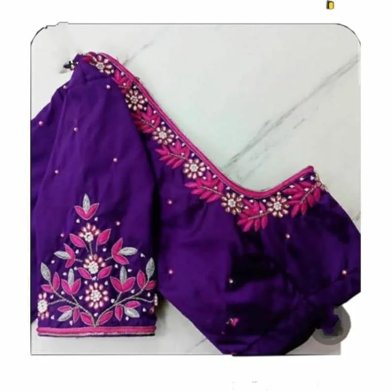 Hand Embroidered Purple Silk Saree Blouse | Pink Floral Border & Maggam Zardosi Work Readymade Blouse