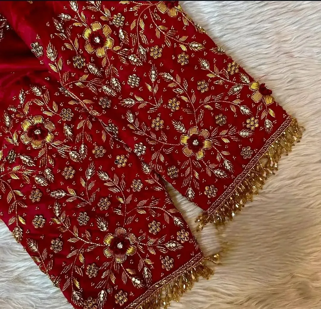 Hand Embroidered Red Silk Bridal Blouse | Heavy Gold Zardozi Maggam Work Cut-Out Back Saree Blouse