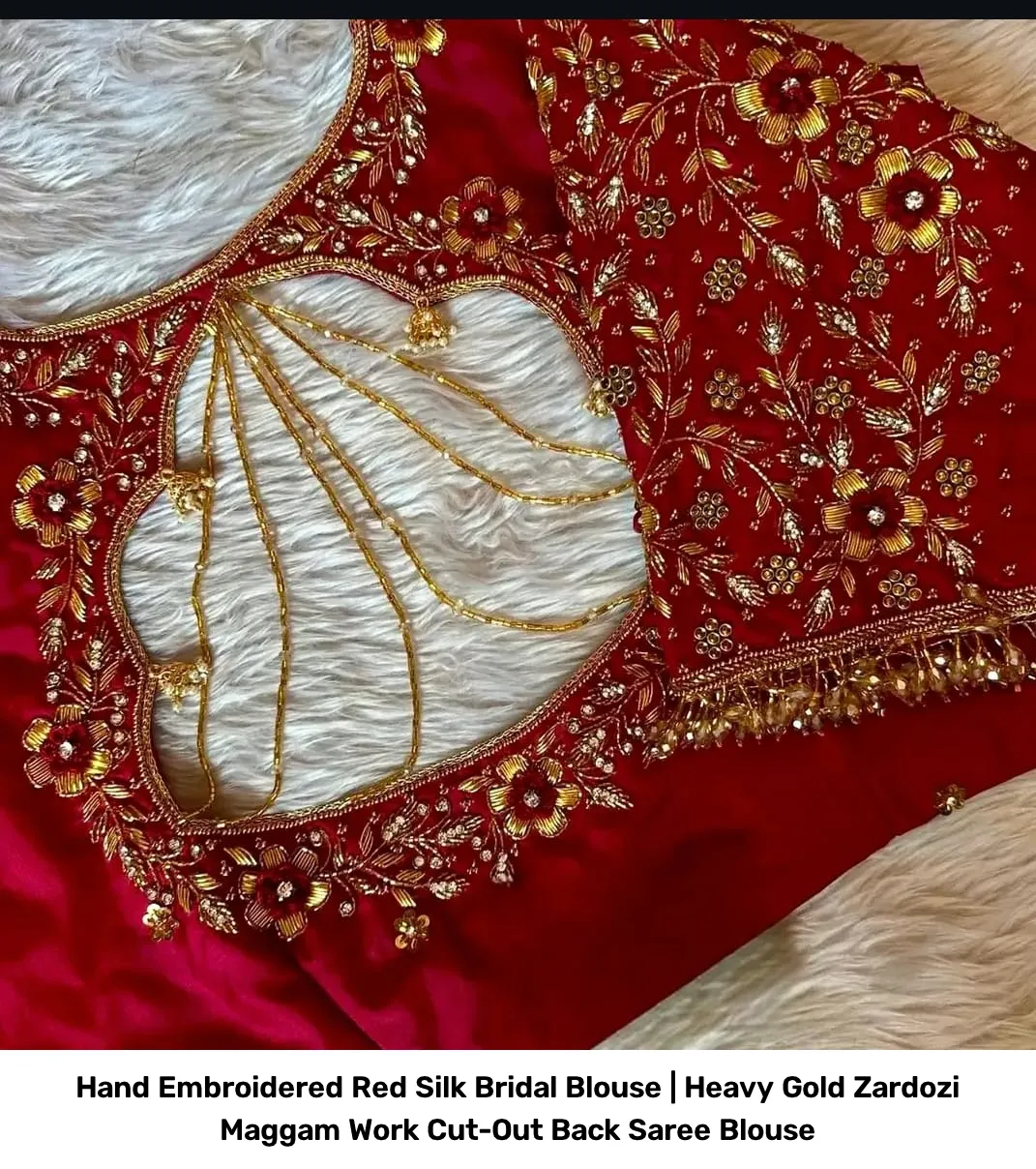 Hand Embroidered Red Silk Bridal Blouse | Heavy Gold Zardozi Maggam Work Cut-Out Back Saree Blouse 2