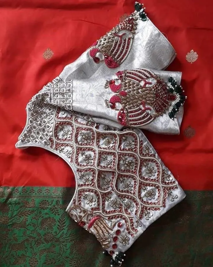 Hand-Embroidered Silver Bridal Saree Blouse with Intricate Geometric Jaal & Double Peacock Motifs