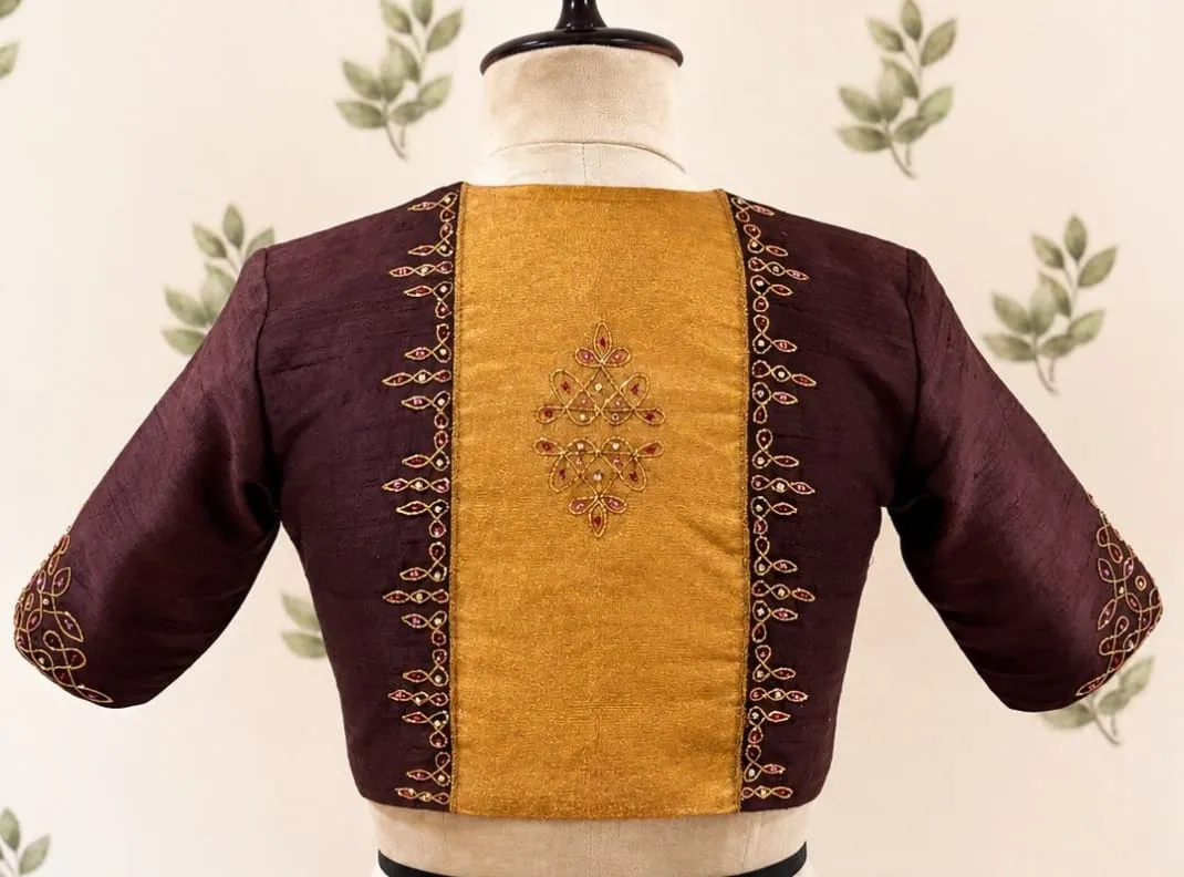 Hand Embroidered Two-Tone Silk Bridal Blouse with Gold Stone Border & Front Sweetheart Cut