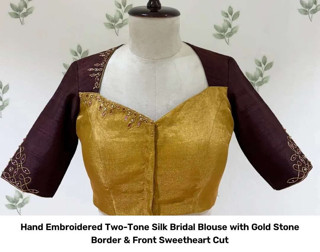 Hand Embroidered Two-Tone Silk Bridal Blouse with Gold Stone Border & Front Sweetheart Cut 5