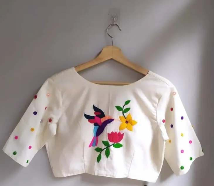 Hand Embroidered White Boat Neck Saree Blouse | Hummingbird Floral Thread Work Cotton Readymade Blouse