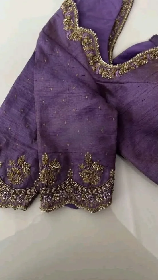 Handcrafted Aari Work Mauve Silk Blouse – Intricate Scalloped Neckline & Floral Cutwork Sleeves 1