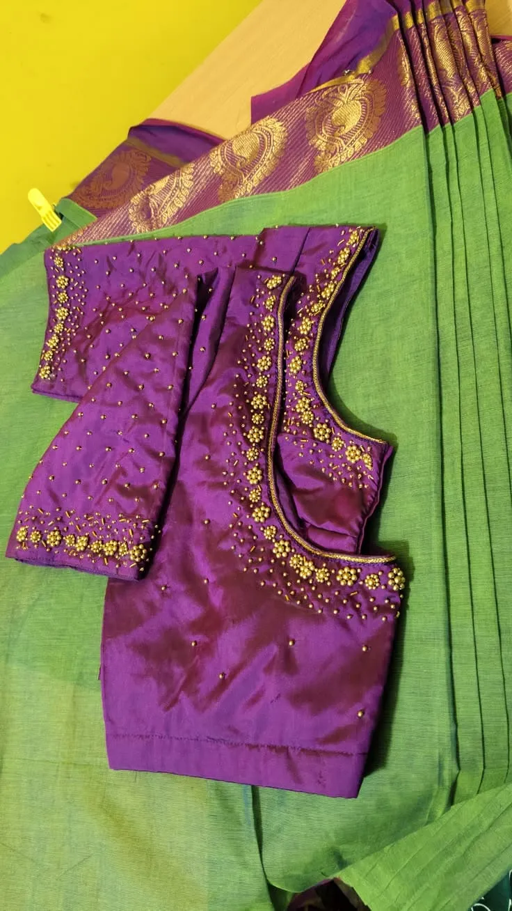 Handcrafted Aari Work Violet Silk Blouse – Antique Gold Beadwork Neckline & All-Over Sleeve Sprinkles