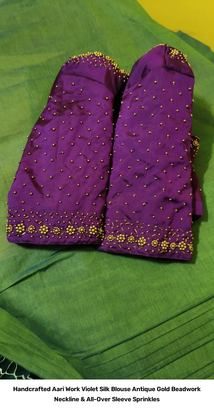 Handcrafted Aari Work Violet Silk Blouse – Antique Gold Beadwork Neckline & All-Over Sleeve Sprinkles 2