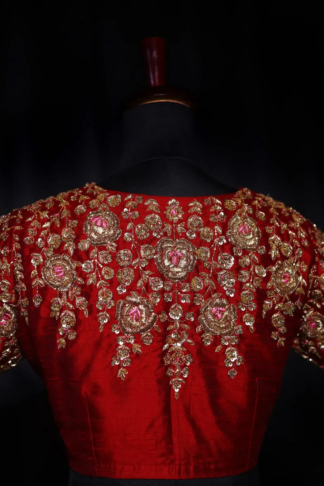 Handcrafted Crimson Red Silk Bridal Blouse with Gold Zardozi Floral Back Embroidery
