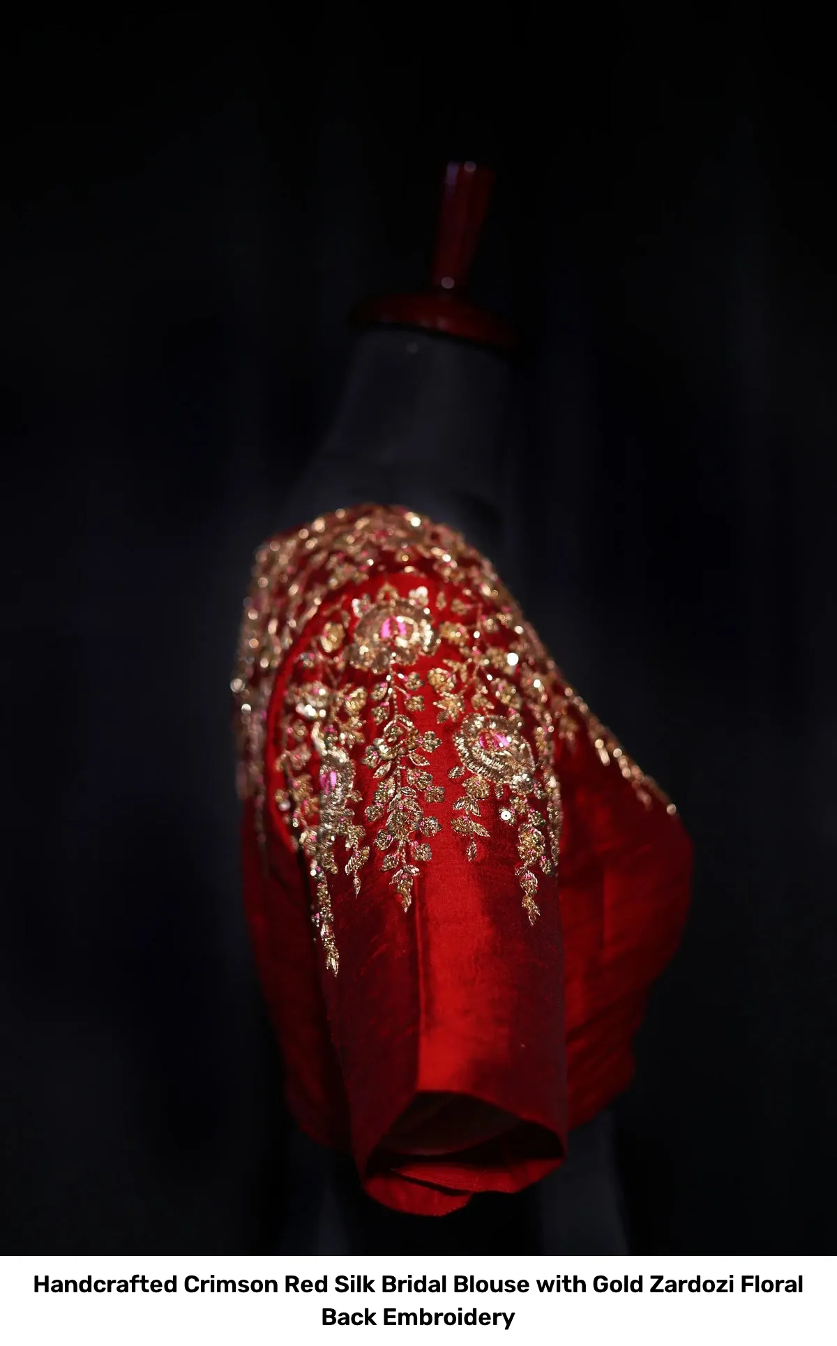Handcrafted Crimson Red Silk Bridal Blouse with Gold Zardozi Floral Back Embroidery 2