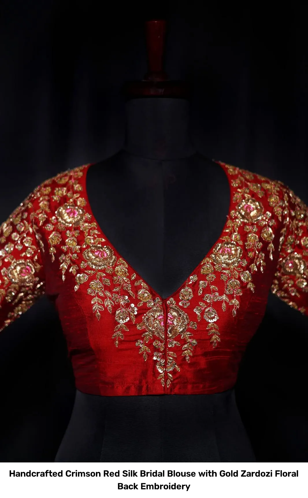 Handcrafted Crimson Red Silk Bridal Blouse with Gold Zardozi Floral Back Embroidery 3