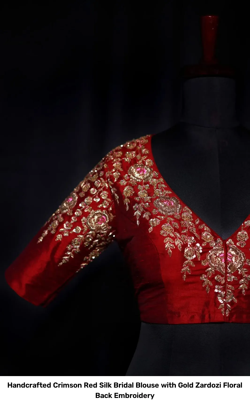 Handcrafted Crimson Red Silk Bridal Blouse with Gold Zardozi Floral Back Embroidery 4