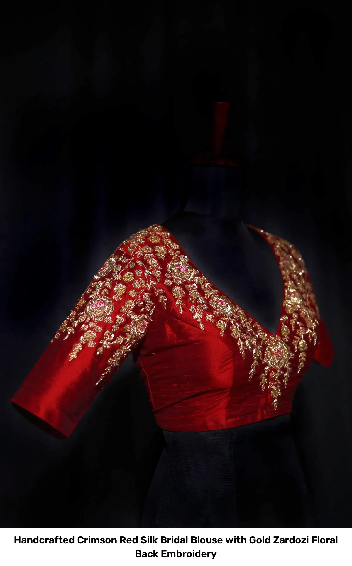 Handcrafted Crimson Red Silk Bridal Blouse with Gold Zardozi Floral Back Embroidery 5