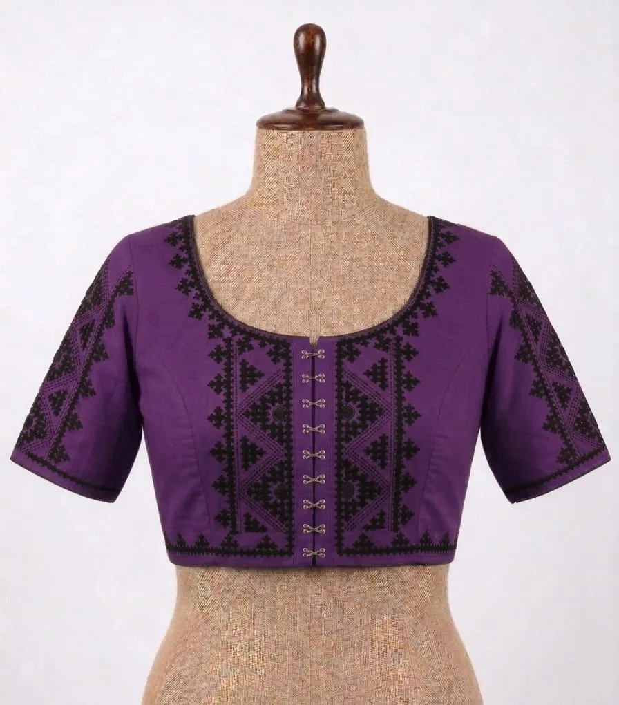 Handcrafted Geometric Embroidered Cotton Saree Blouse | Front Hook Designer Blouse