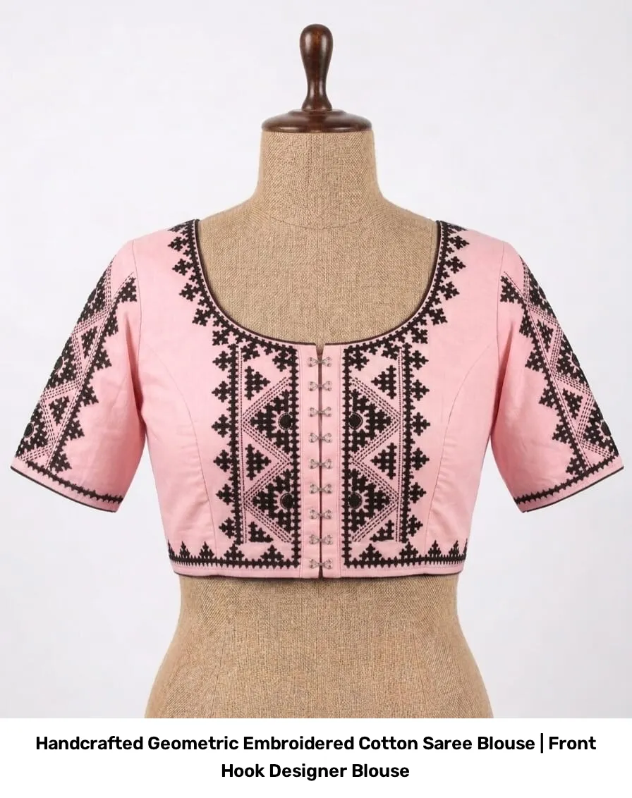 Handcrafted Geometric Embroidered Cotton Saree Blouse | Front Hook Designer Blouse 2