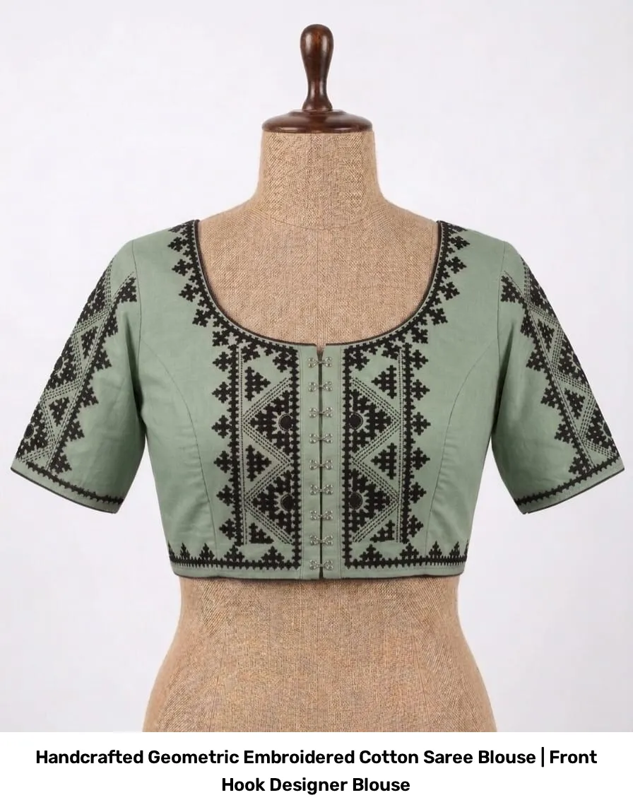 Handcrafted Geometric Embroidered Cotton Saree Blouse | Front Hook Designer Blouse 3