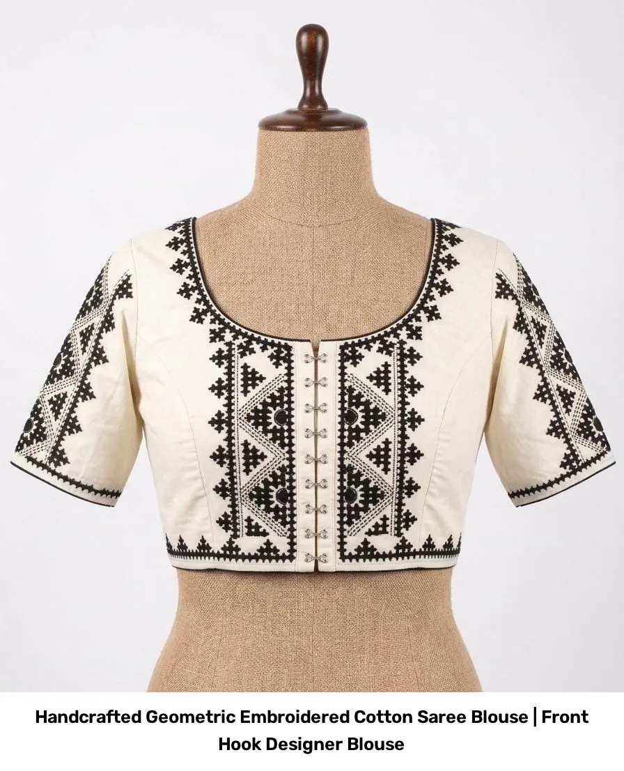 Handcrafted Geometric Embroidered Cotton Saree Blouse | Front Hook Designer Blouse 4