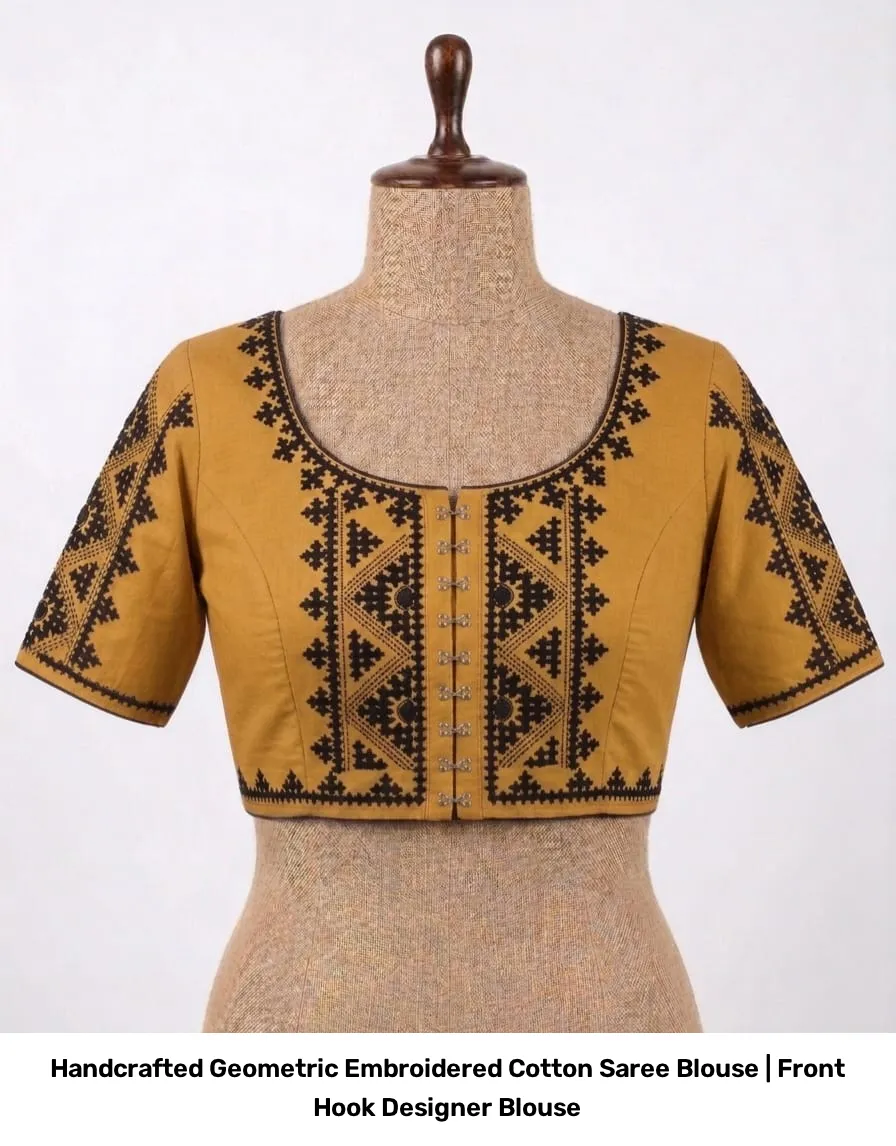 Handcrafted Geometric Embroidered Cotton Saree Blouse | Front Hook Designer Blouse 5