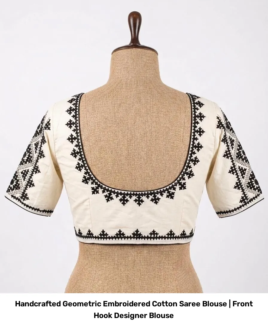 Handcrafted Geometric Embroidered Cotton Saree Blouse | Front Hook Designer Blouse 6