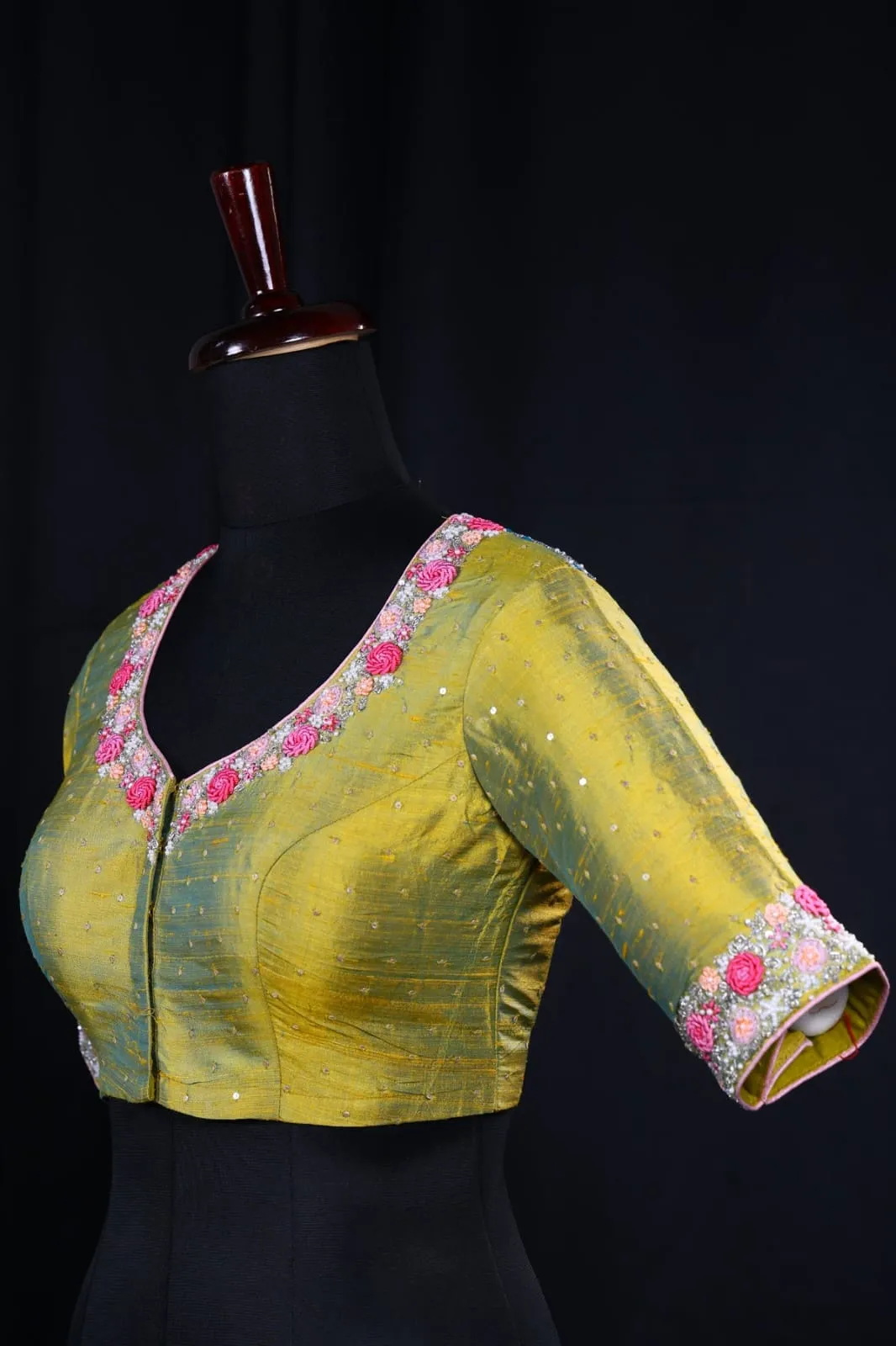 Handcrafted Green Raw Silk Bridal Blouse with French Knot Floral Borders & Sheer Back