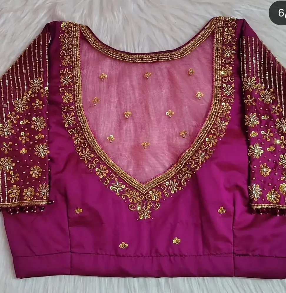 Handcrafted Magenta Silk Blouse | Heavy Zardozi & Bead Work Sheer Back Saree Blouse | Custom Bridal Designer Choli