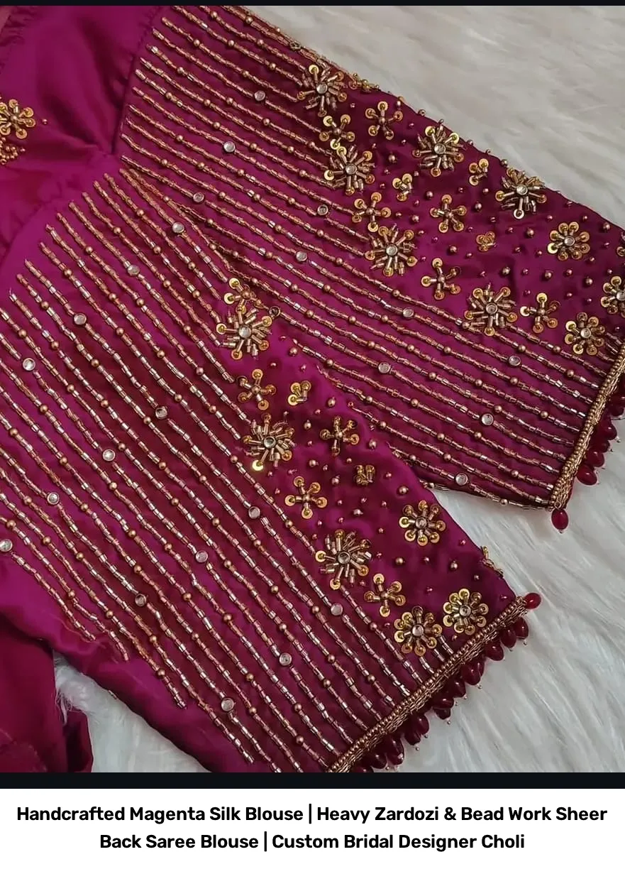 Handcrafted Magenta Silk Blouse | Heavy Zardozi & Bead Work Sheer Back Saree Blouse | Custom Bridal Designer Choli 2