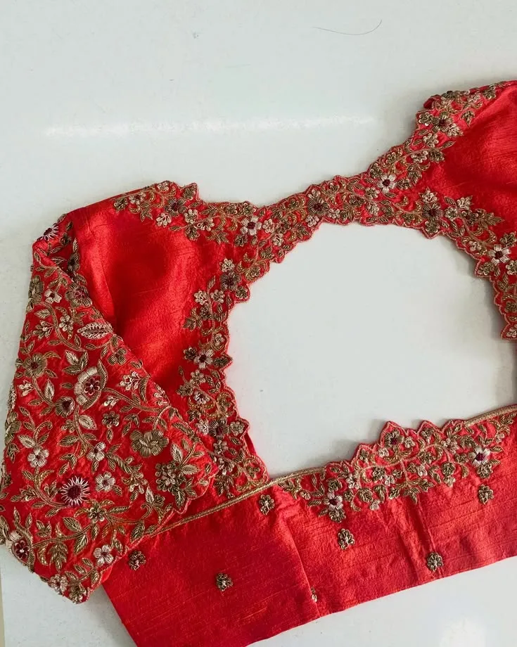 Handcrafted Maggam Embroidery, Scallop Neck Blouse for Pattu Sarees, Indian Wedding Choli, Custom Stitched