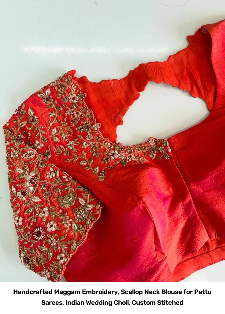Handcrafted Maggam Embroidery, Scallop Neck Blouse for Pattu Sarees, Indian Wedding Choli, Custom Stitched 2