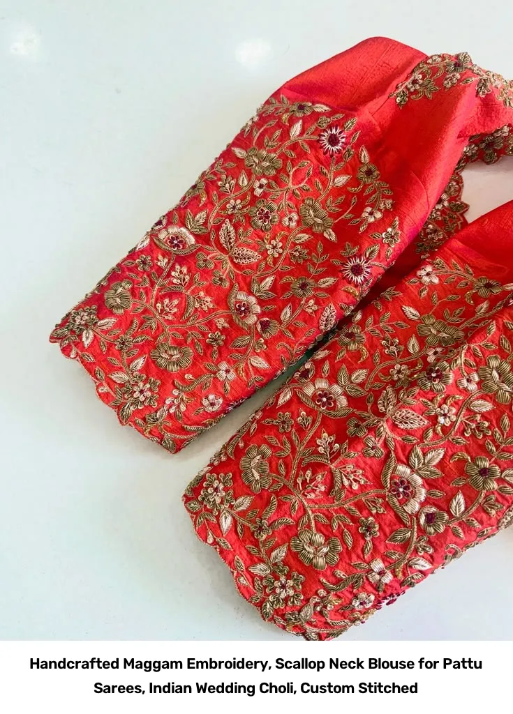 Handcrafted Maggam Embroidery, Scallop Neck Blouse for Pattu Sarees, Indian Wedding Choli, Custom Stitched 3