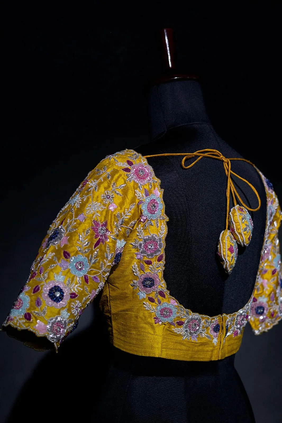 Handcrafted Mustard Raw Silk Bridal Blouse with Scalloped Neck & Matching Latkans