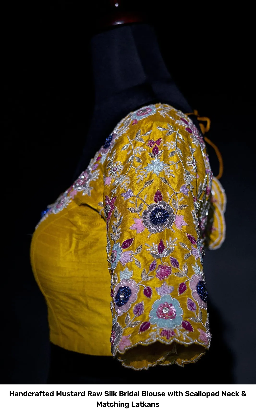 Handcrafted Mustard Raw Silk Bridal Blouse with Scalloped Neck & Matching Latkans 2