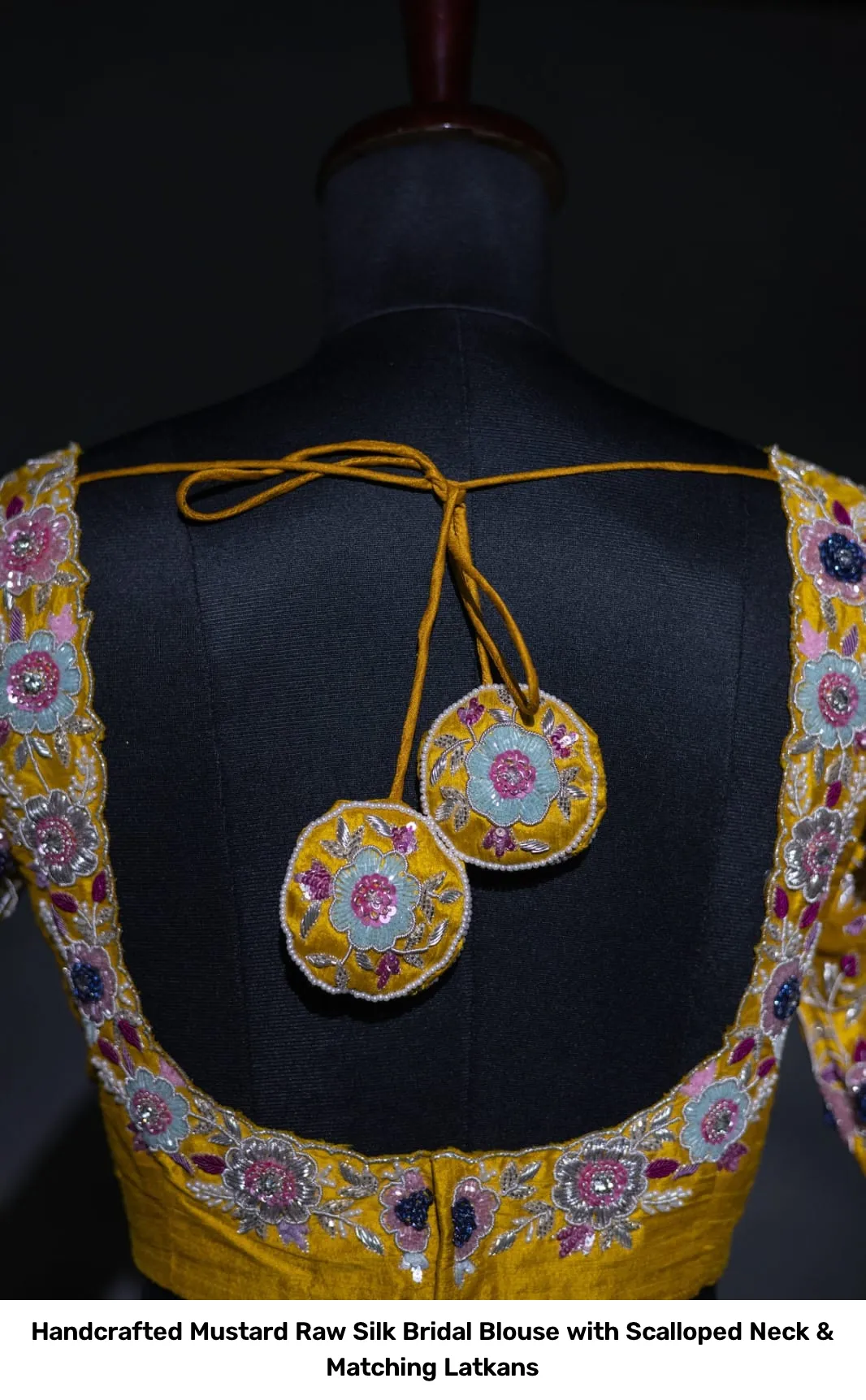 Handcrafted Mustard Raw Silk Bridal Blouse with Scalloped Neck & Matching Latkans 3