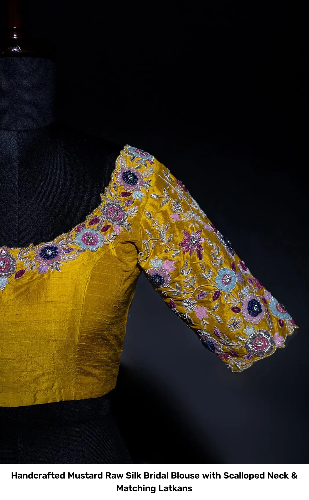 Handcrafted Mustard Raw Silk Bridal Blouse with Scalloped Neck & Matching Latkans 4