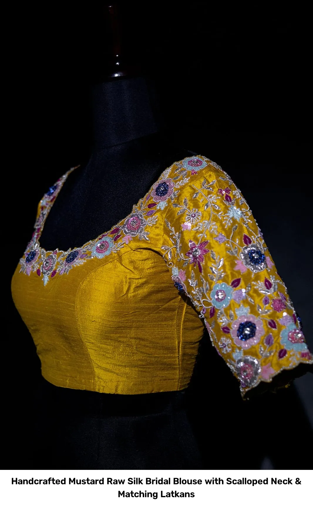 Handcrafted Mustard Raw Silk Bridal Blouse with Scalloped Neck & Matching Latkans 5