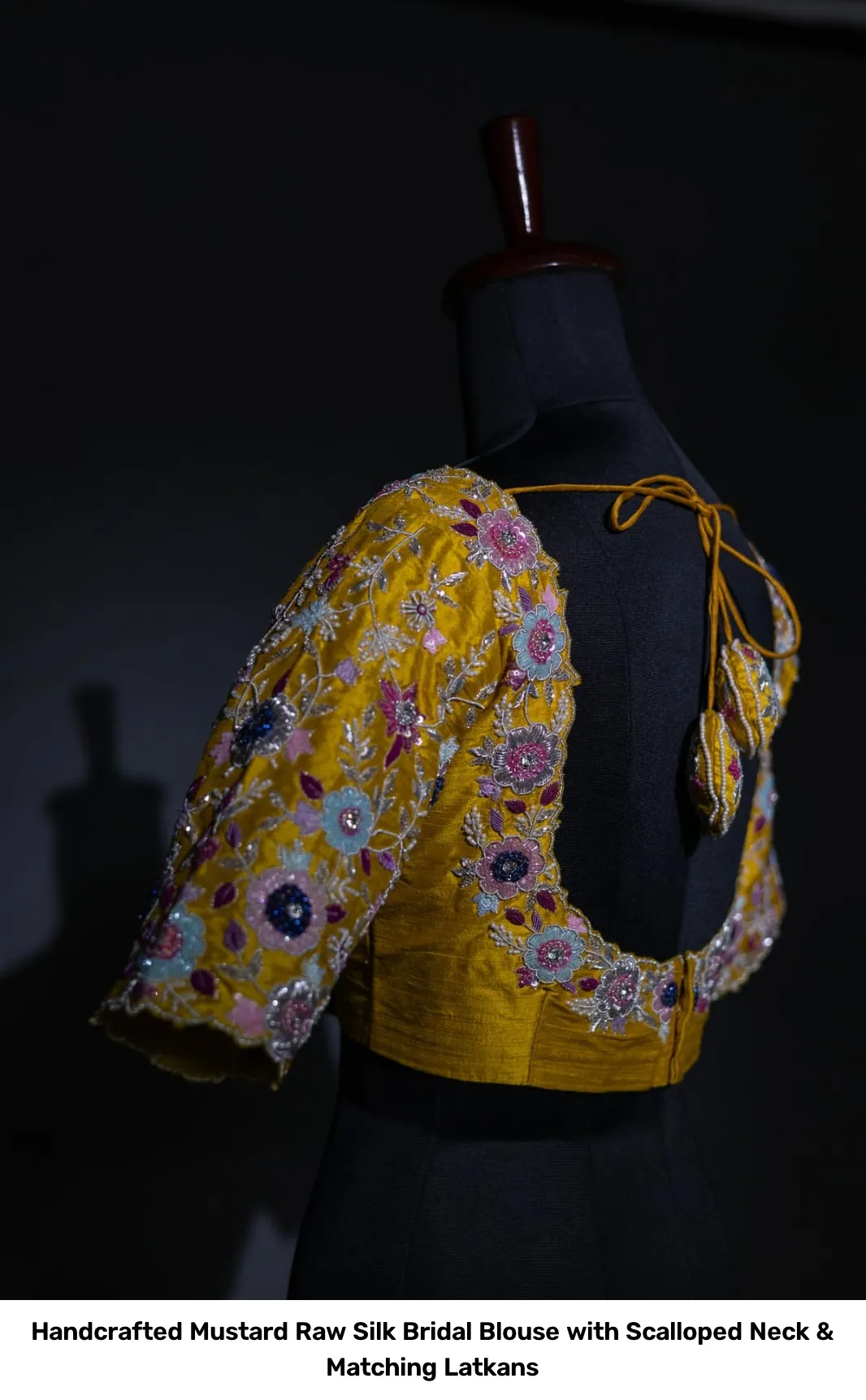 Handcrafted Mustard Raw Silk Bridal Blouse with Scalloped Neck & Matching Latkans 6