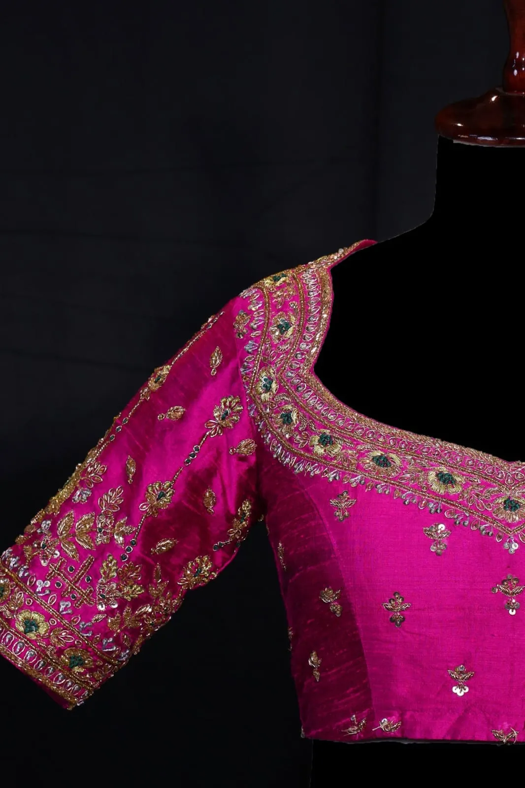 Handcrafted Pink Raw Silk Blouse with Heavy Gold Zardozi & Circular Back Design