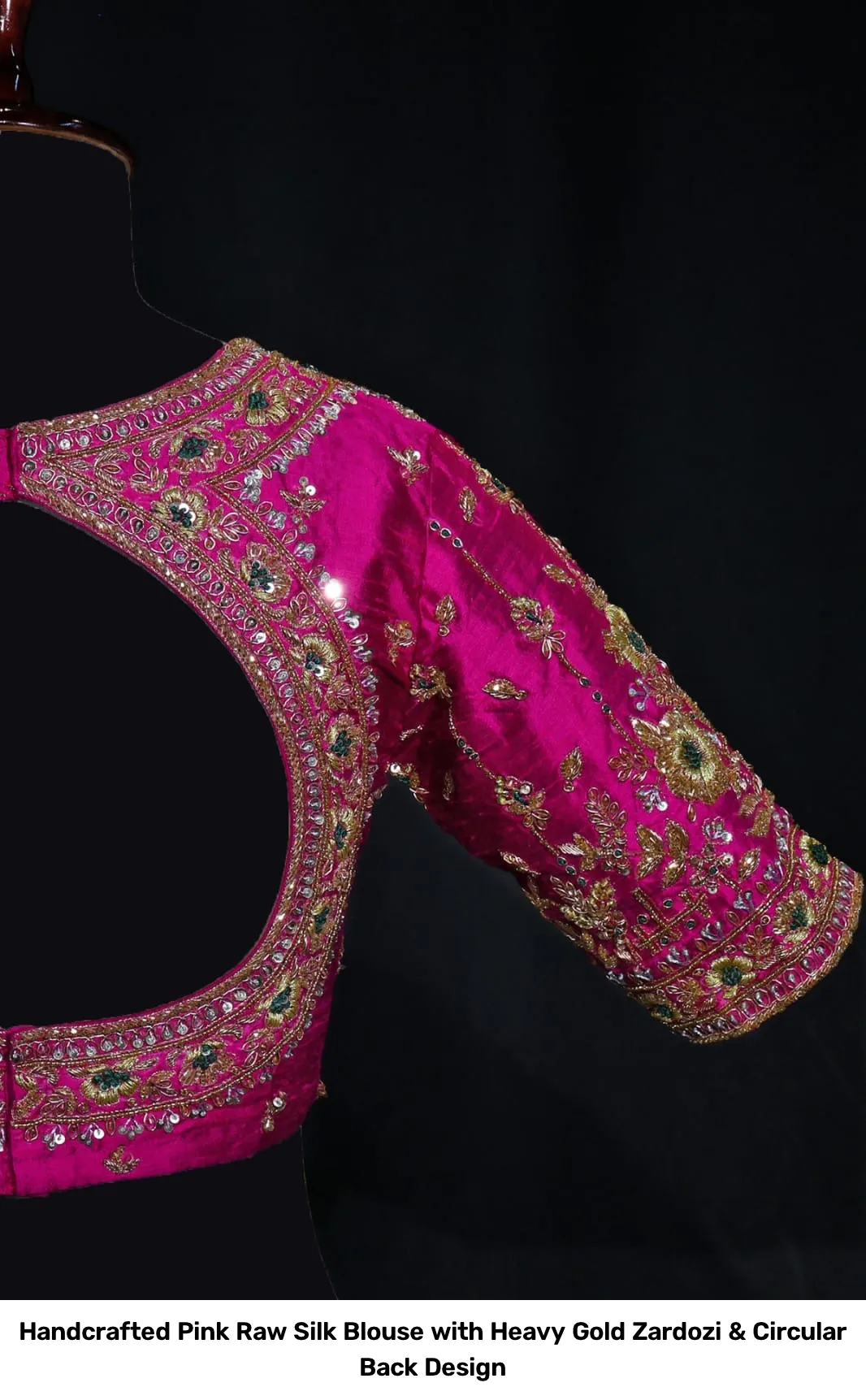 Handcrafted Pink Raw Silk Blouse with Heavy Gold Zardozi & Circular Back Design 2