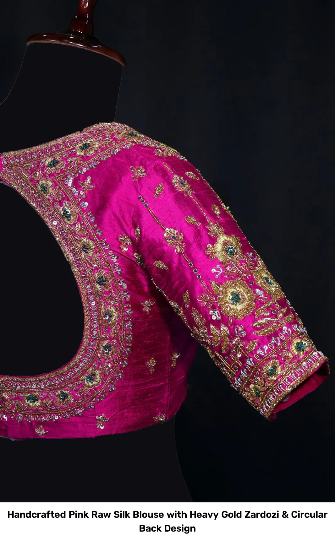 Handcrafted Pink Raw Silk Blouse with Heavy Gold Zardozi & Circular Back Design 3