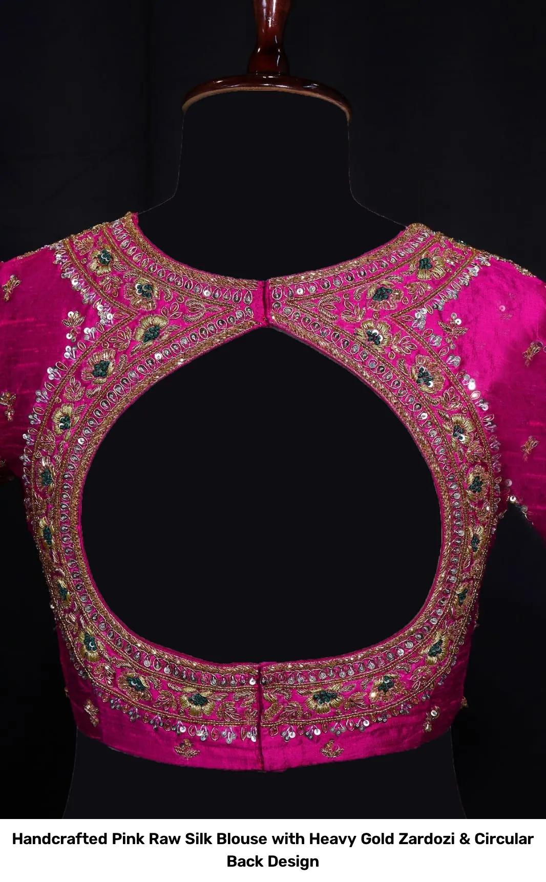 Handcrafted Pink Raw Silk Blouse with Heavy Gold Zardozi & Circular Back Design 4