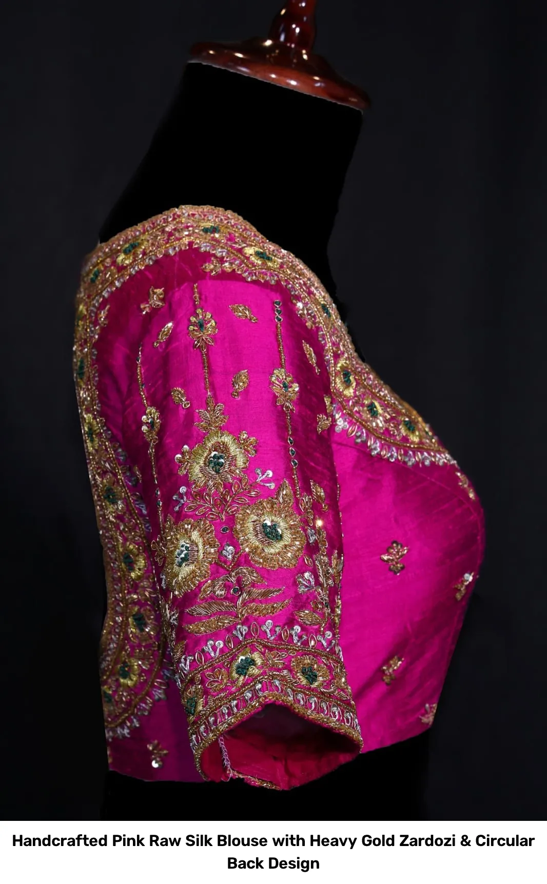 Handcrafted Pink Raw Silk Blouse with Heavy Gold Zardozi & Circular Back Design 5