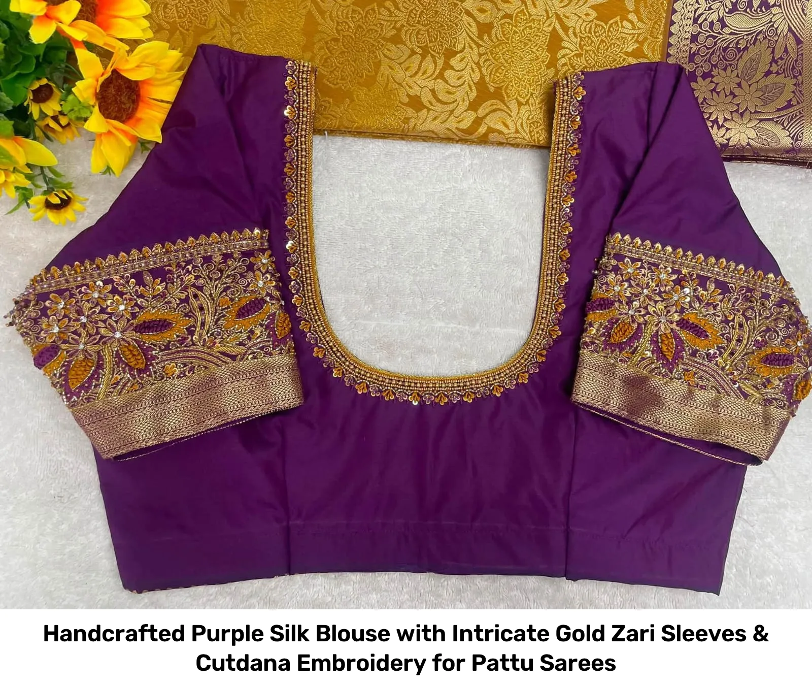 Handcrafted Purple Silk Blouse with Intricate Gold Zari Sleeves & Cutdana Embroidery for Pattu Sarees 2