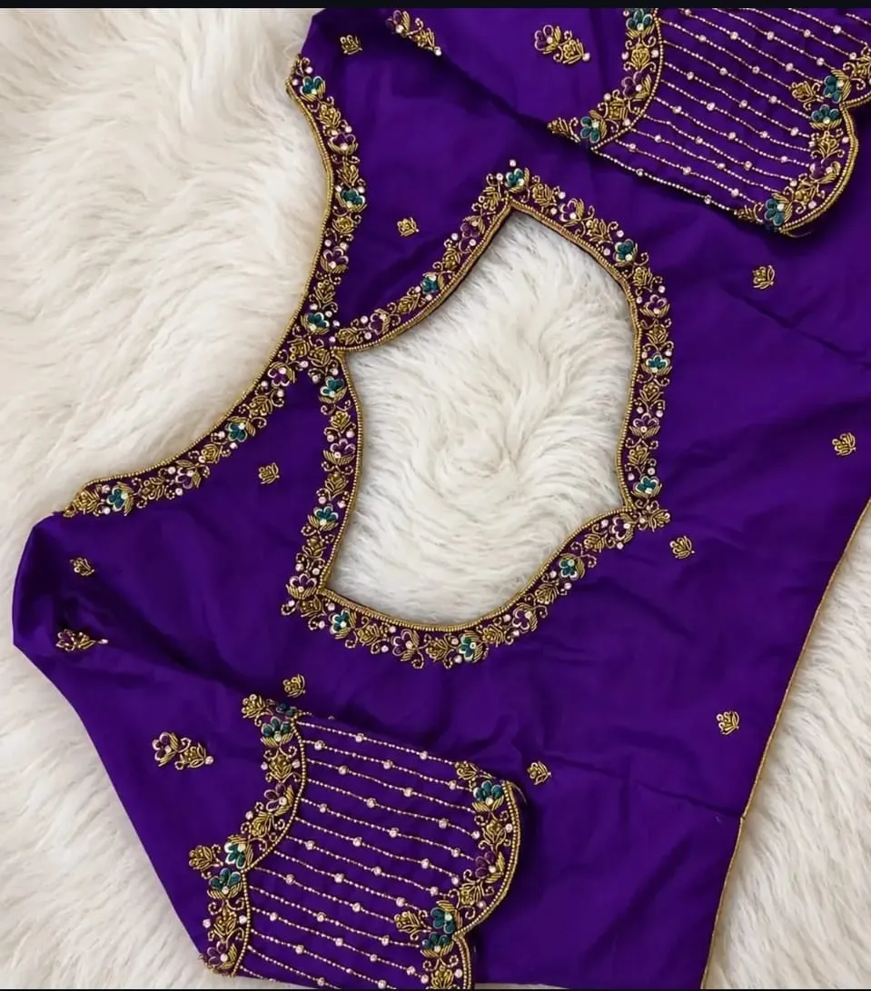 Handcrafted Purple Silk Maggam Work Blouse with Scallop Border & Cut-Out Neckline