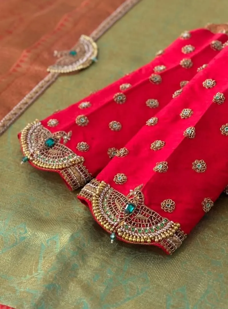 Handcrafted Red Maggam Work Blouse – Heavy Peacock Motif Bridal Aari Embroidery Silk Blouse 1