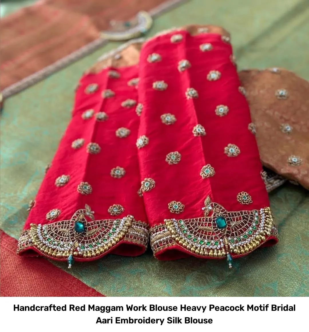 Handcrafted Red Maggam Work Blouse – Heavy Peacock Motif Bridal Aari Embroidery Silk Blouse 2