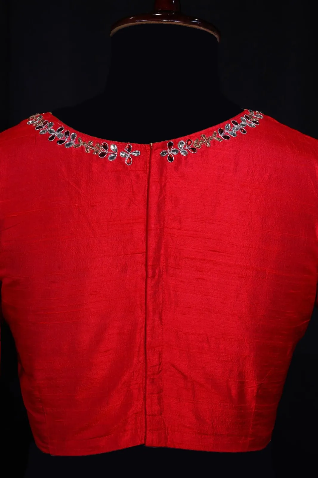 Handcrafted Red Silk Saree Blouse with Green Bead Tassel Sleeve Embroidery