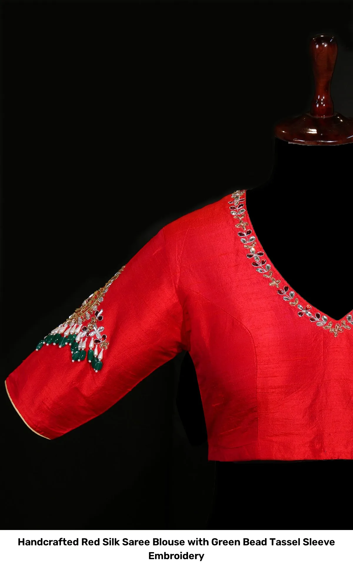 Handcrafted Red Silk Saree Blouse with Green Bead Tassel Sleeve Embroidery 2